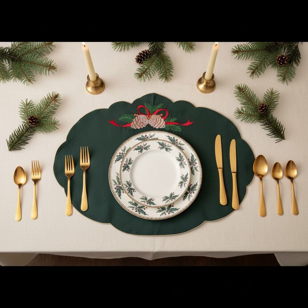 Vintage Christmas Embroidered Placemats-Set 4-Green Scalloped Pinecone-Holiday